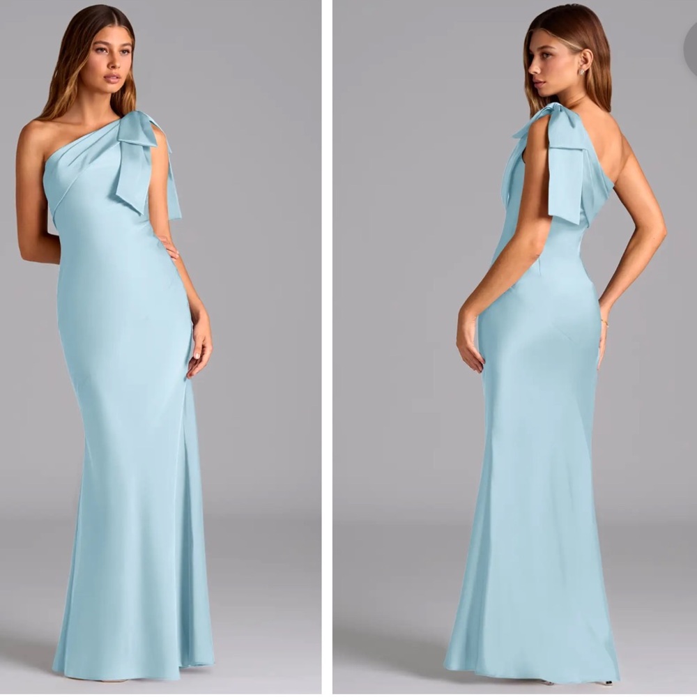 Azazie Yuanna sky blue mermaid one shoulder satin stretch dress